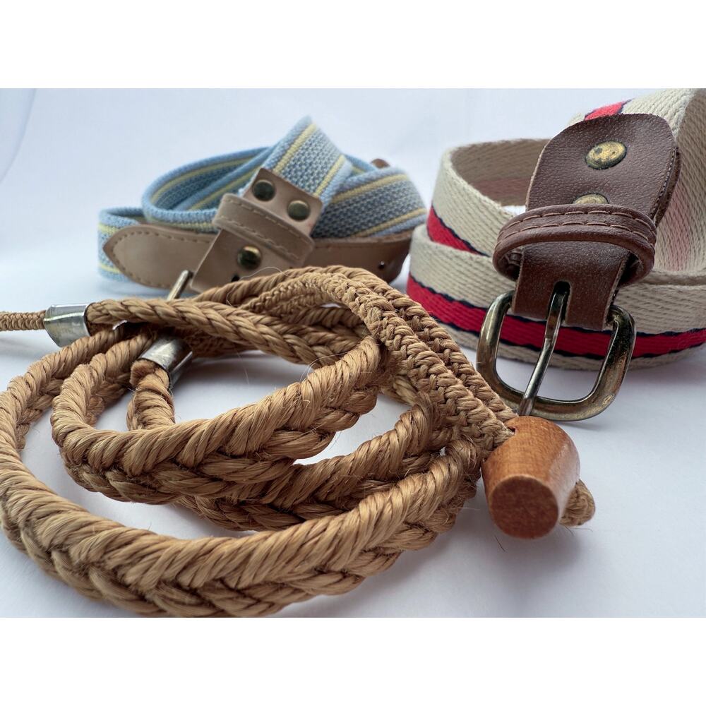 Lot of 3 Vintage Belts Braided Rope, Canvas Stripe, Woven Cotton with Leather